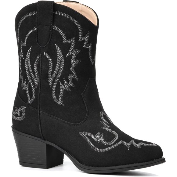 ⚡Women Black Faux Leather Ankle Cowgirl Pull-On Pointed Toe Short Western Boots - Picture 3 of 9